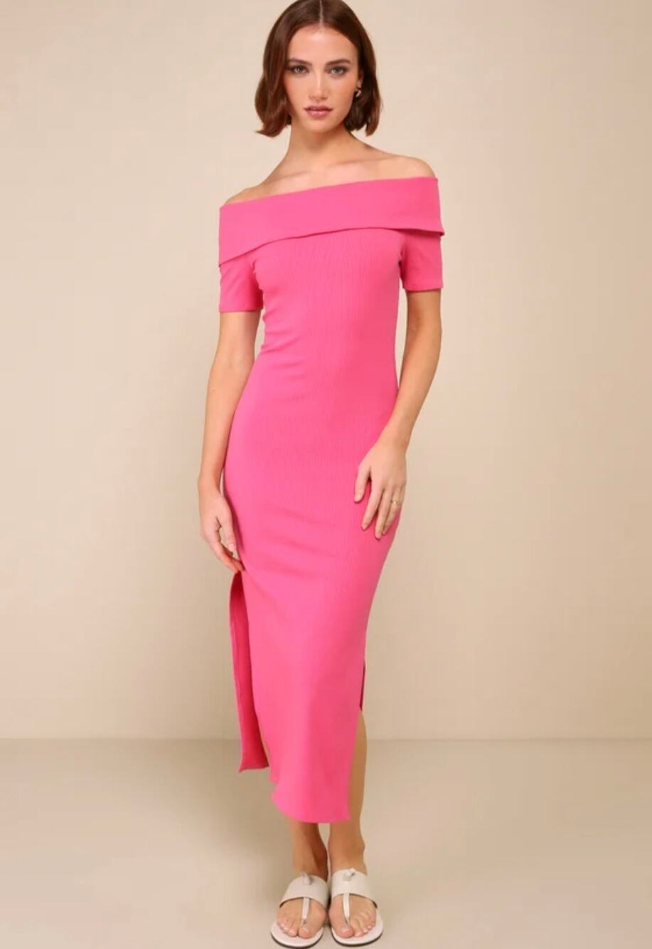 Lulus Remarkably Flirty Hot Pink Ribbed Off-the-Shoulder Bodycon Midi Dress S